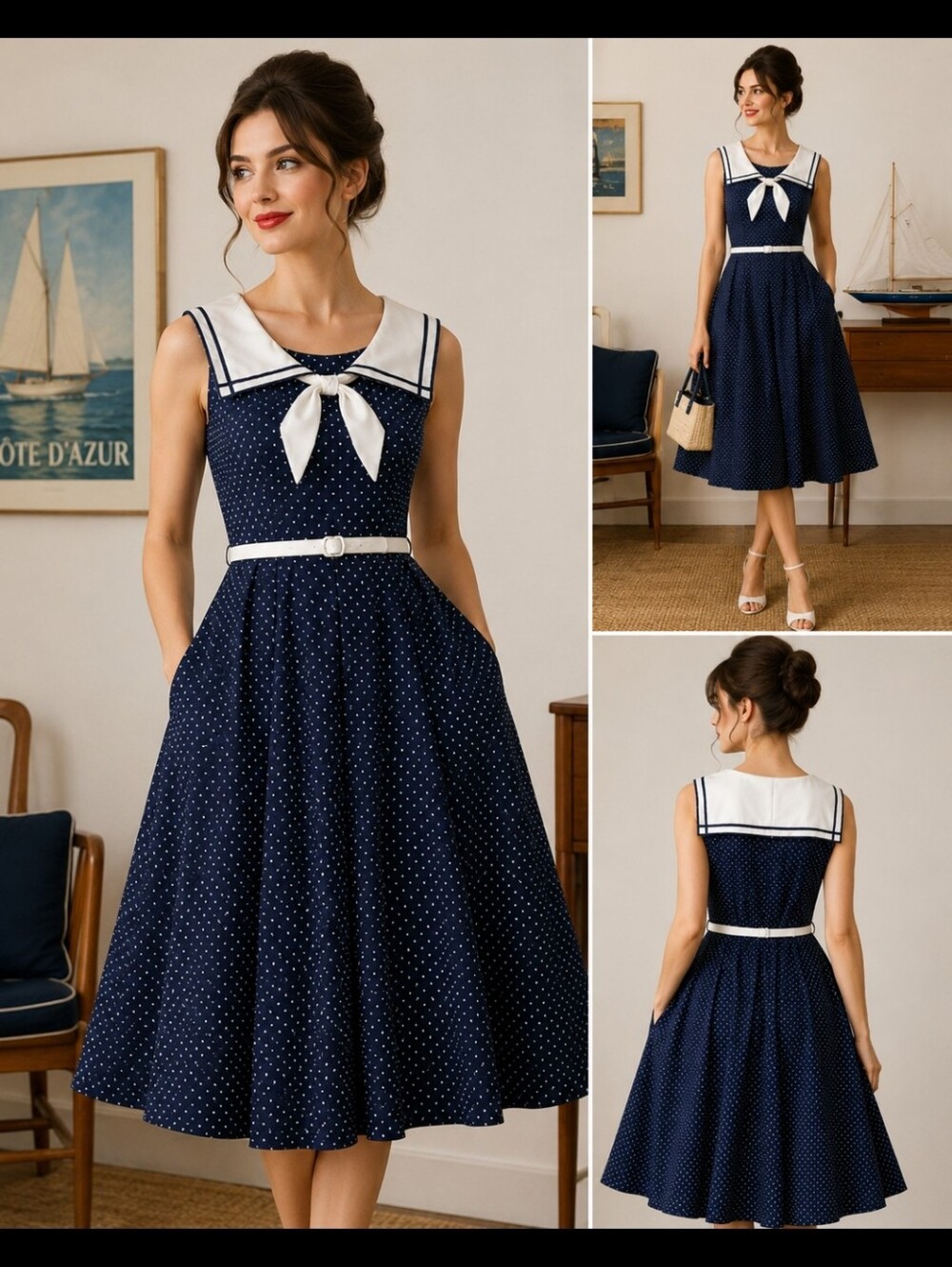 Vintage 1960s 1970s Navy Polka Dot Sailor Dress Nautical Collar See Measurments